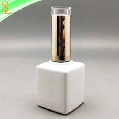 15 ml matte white square uv gel nail polish bottle empty with custom clear top gold cap and flat brush gel